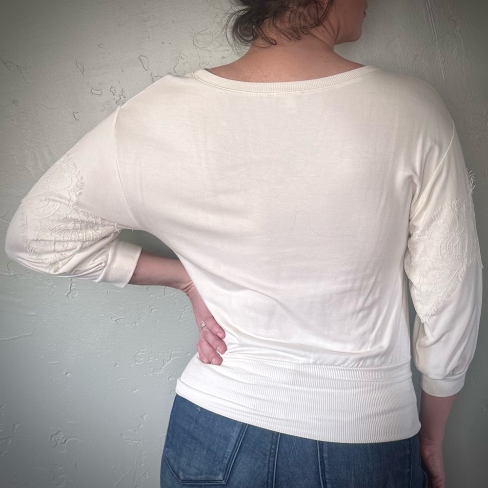 Express White-Cream Lace-Trim 3/4 Sleeve Top - Picture 3 of 7